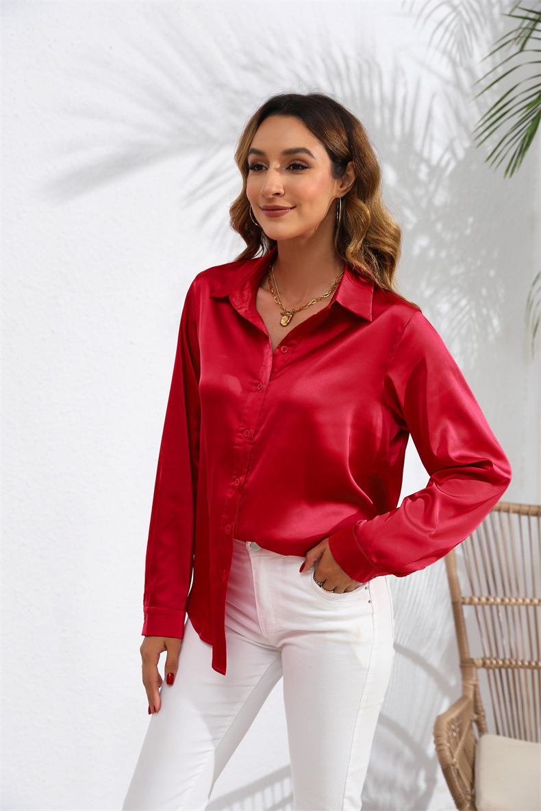 Women's Clothing Tops Blouses Spring Autumn European American Style Women's Clothing Pure Color Satin-Like Long-Sleeved Women's Shirt