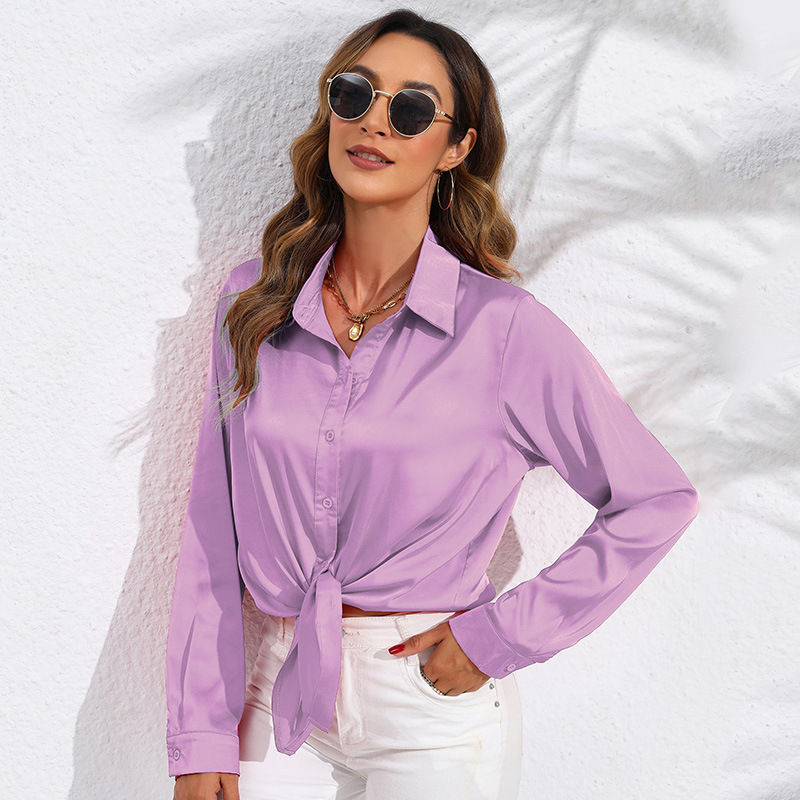 Women's Clothing Tops Blouses Spring Autumn European American Style Women's Clothing Pure Color Satin-Like Long-Sleeved Women's Shirt
