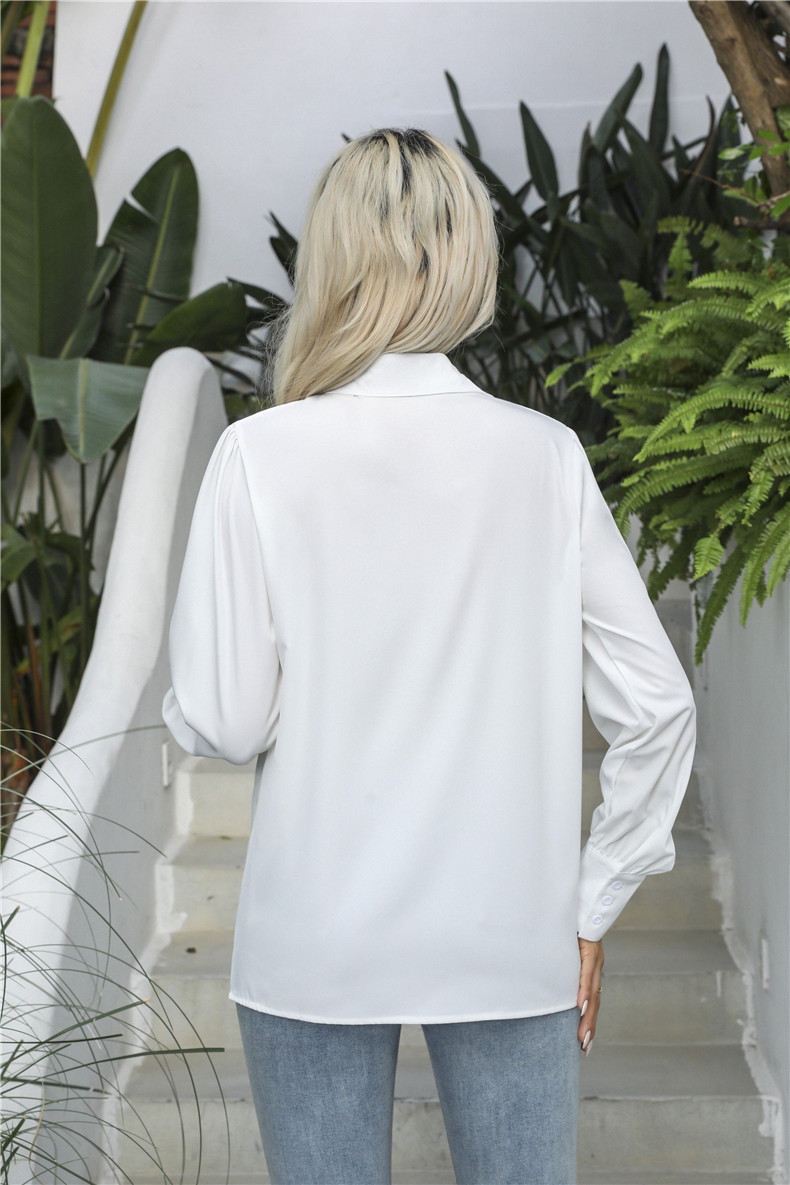 Women's Clothing Tops Blouses Button-Up Top with Lantern Sleeves Pleated Pure Color Stand Collar Loose Long-Sleeved Women's Shirt