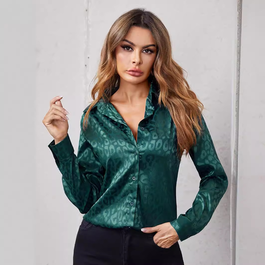 Women's Clothing Tops Blouses Women's Spring Summer New Style Collar Button-Up Leopard Print Jacquard Shirt Elegant Commuting Long-Sleeved Shirt