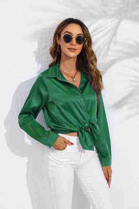 Women's Clothing Tops Blouses Spring Autumn European American Style Women's Clothing Pure Color Satin-Like Long-Sleeved Women's Shirt