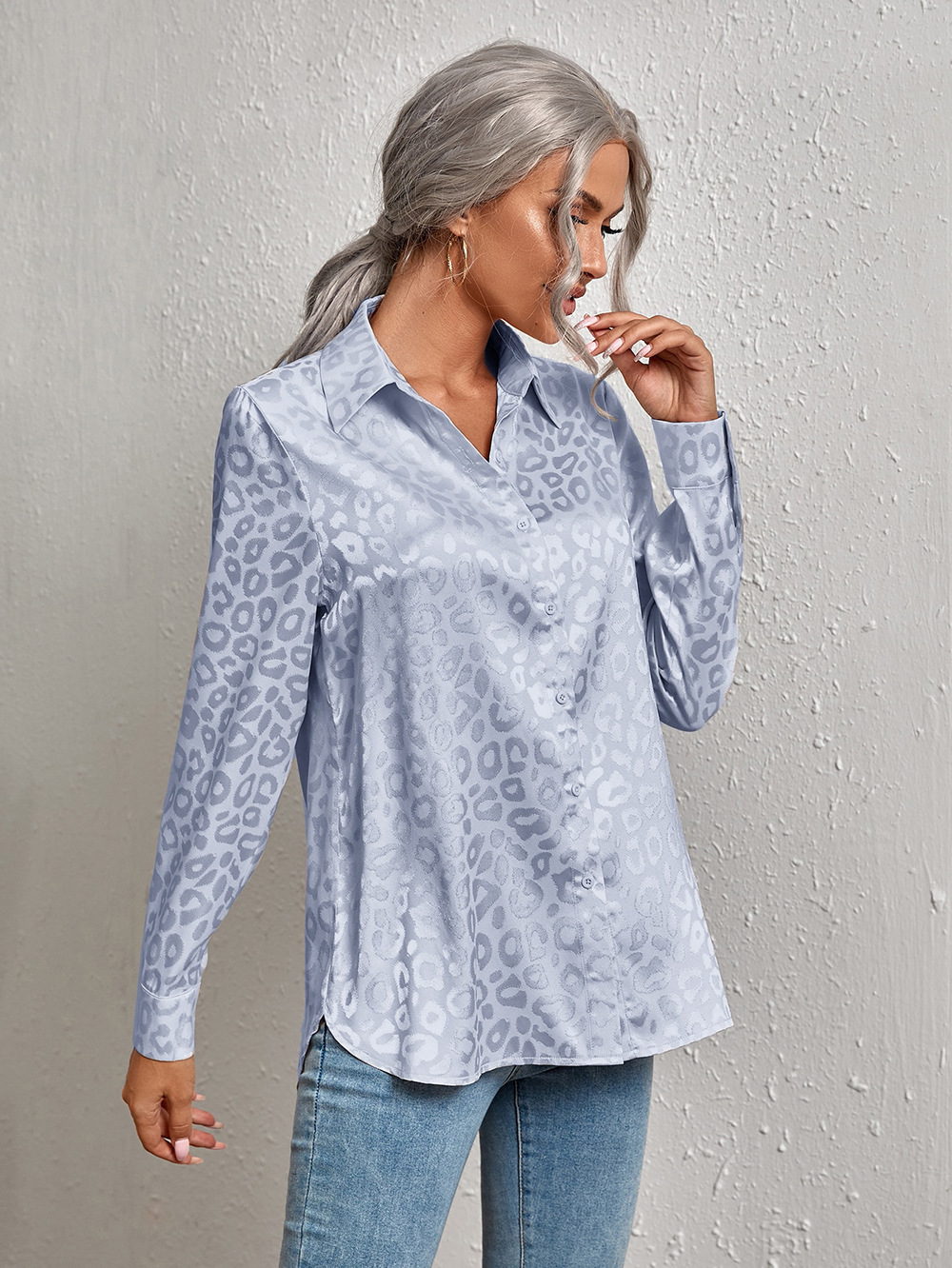 Women's Clothing Tops Blouses Women's Spring Summer New Style Collar Button-Up Leopard Print Jacquard Shirt Elegant Commuting Long-Sleeved Shirt