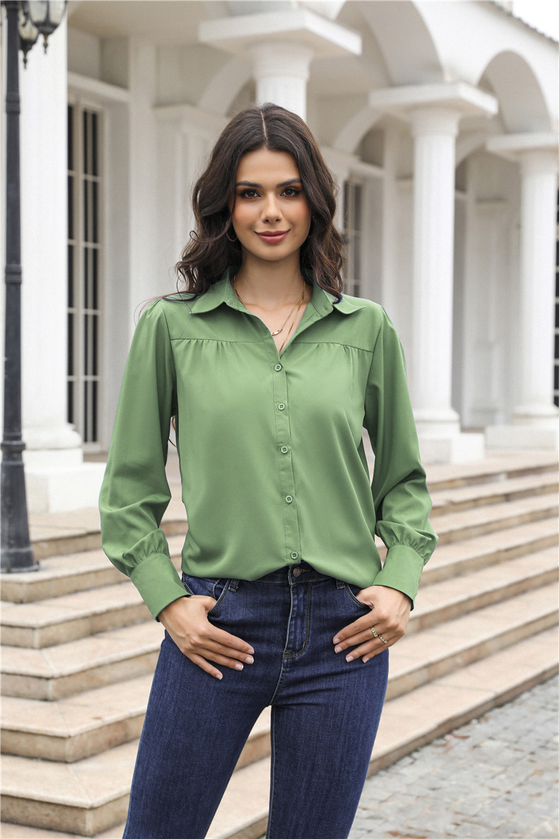 Women's Clothing Tops Blouses Button-Up Top with Lantern Sleeves Pleated Pure Color Stand Collar Loose Long-Sleeved Women's Shirt