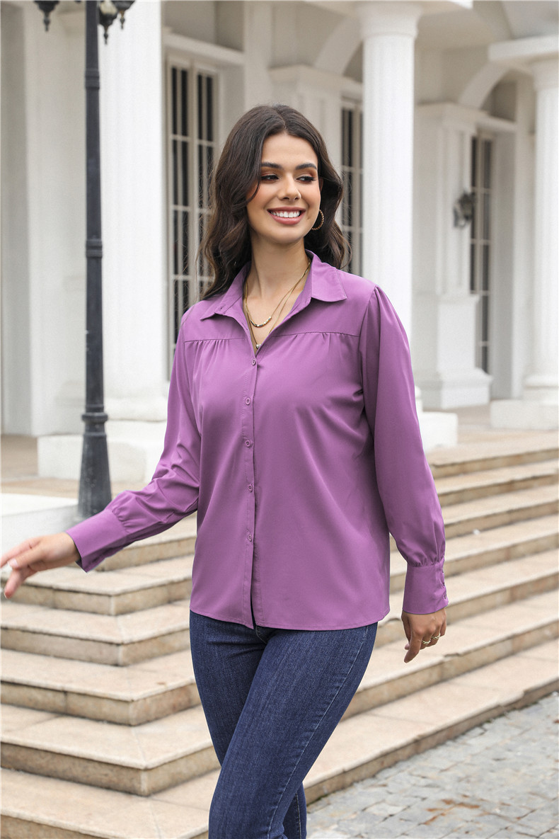 Women's Clothing Tops Blouses Button-Up Top with Lantern Sleeves Pleated Pure Color Stand Collar Loose Long-Sleeved Women's Shirt