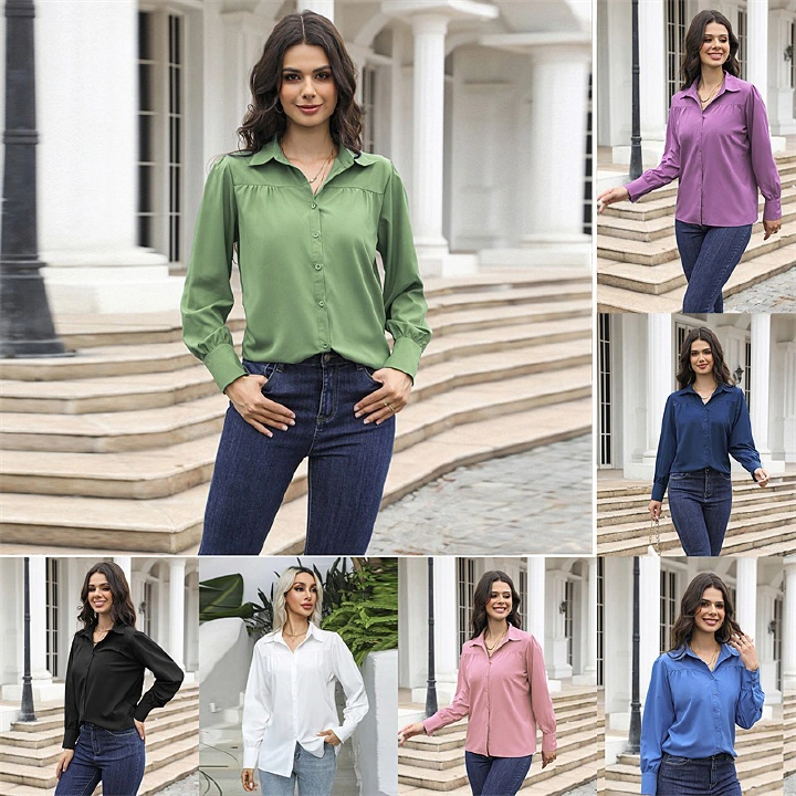 Women's Clothing Tops Blouses Button-Up Top with Lantern Sleeves Pleated Pure Color Stand Collar Loose Long-Sleeved Women's Shirt