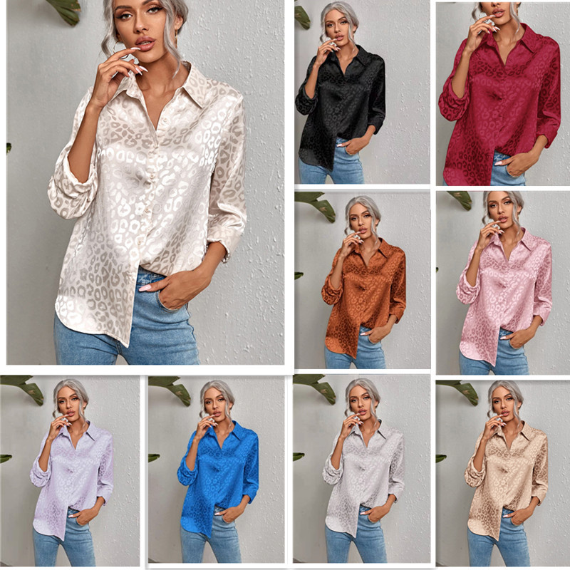 Women's Clothing Tops Blouses Women's Spring Summer New Style Collar Button-Up Leopard Print Jacquard Shirt Elegant Commuting Long-Sleeved Shirt