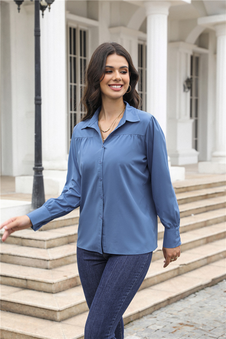 Women's Clothing Tops Blouses Button-Up Top with Lantern Sleeves Pleated Pure Color Stand Collar Loose Long-Sleeved Women's Shirt