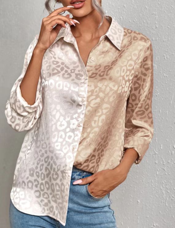 Women's Clothing Tops Blouses Women's Spring Summer New Style Collar Button-Up Leopard Print Jacquard Shirt Elegant Commuting Long-Sleeved Shirt