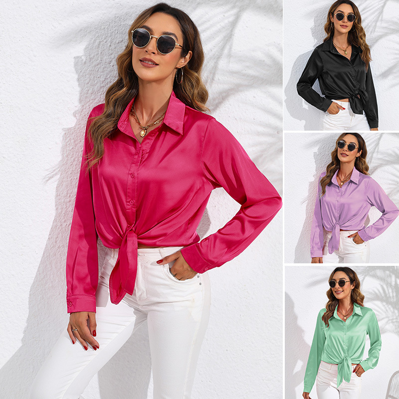 Women's Clothing Tops Blouses Spring Autumn European American Style Women's Clothing Pure Color Satin-Like Long-Sleeved Women's Shirt