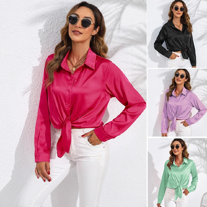 Women's Clothing Tops Blouses Spring Autumn European American Style Women's Clothing Pure Color Satin-Like Long-Sleeved Women's Shirt