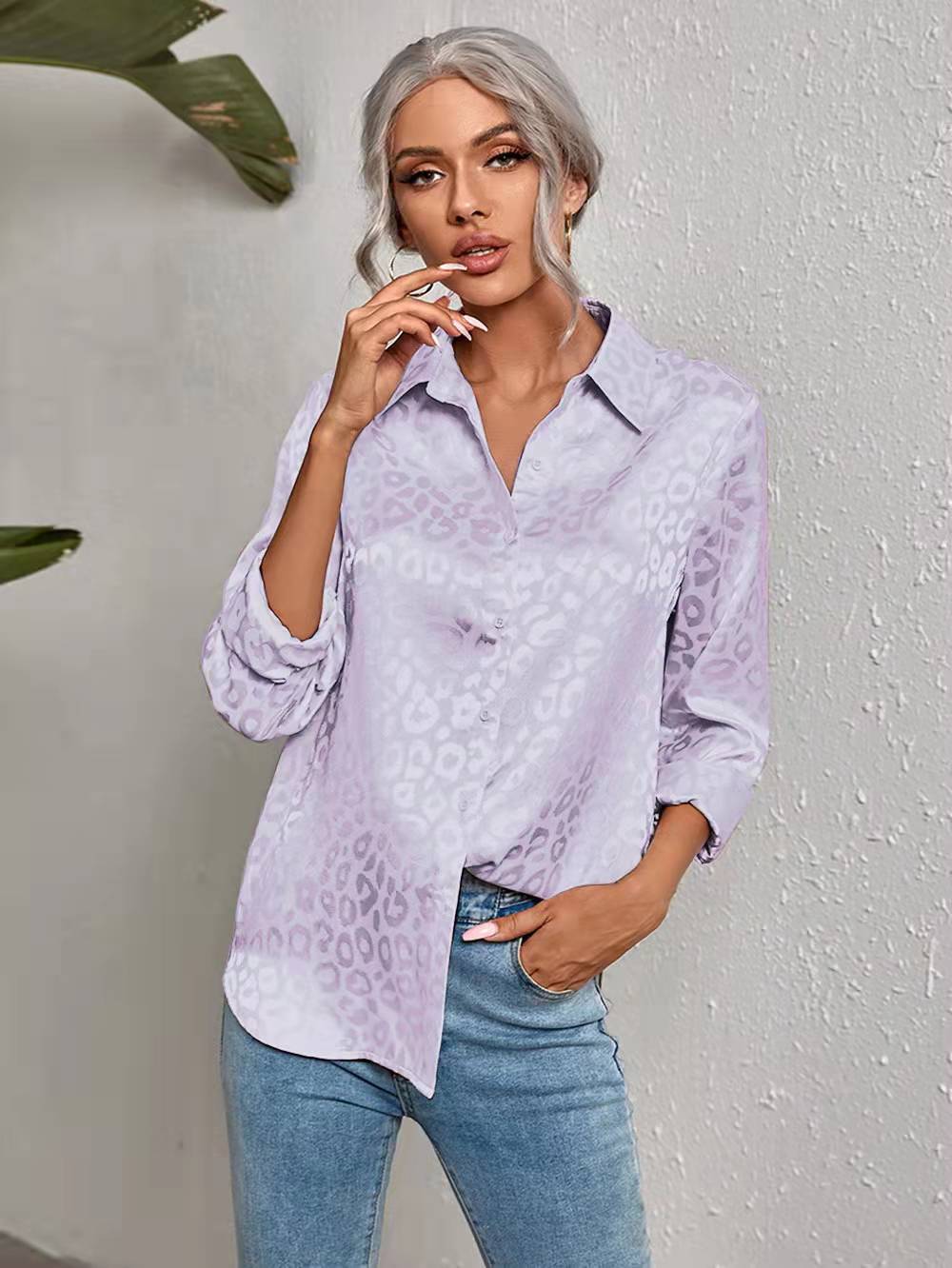 Women's Clothing Tops Blouses Women's Spring Summer New Style Collar Button-Up Leopard Print Jacquard Shirt Elegant Commuting Long-Sleeved Shirt