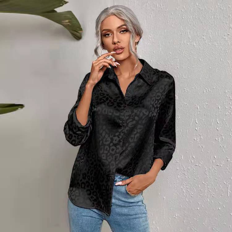 Women's Clothing Tops Blouses Women's Spring Summer New Style Collar Button-Up Leopard Print Jacquard Shirt Elegant Commuting Long-Sleeved Shirt
