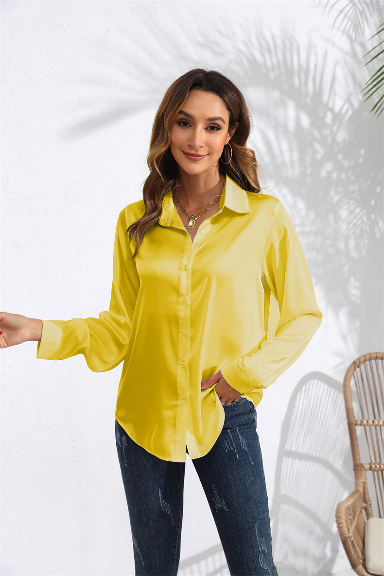Women's Clothing Tops Blouses Spring Autumn European American Style Women's Clothing Pure Color Satin-Like Long-Sleeved Women's Shirt