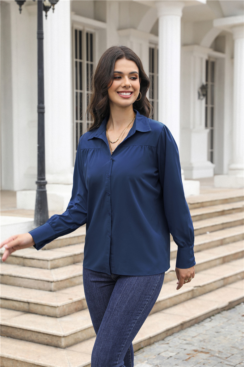 Women's Clothing Tops Blouses Button-Up Top with Lantern Sleeves Pleated Pure Color Stand Collar Loose Long-Sleeved Women's Shirt