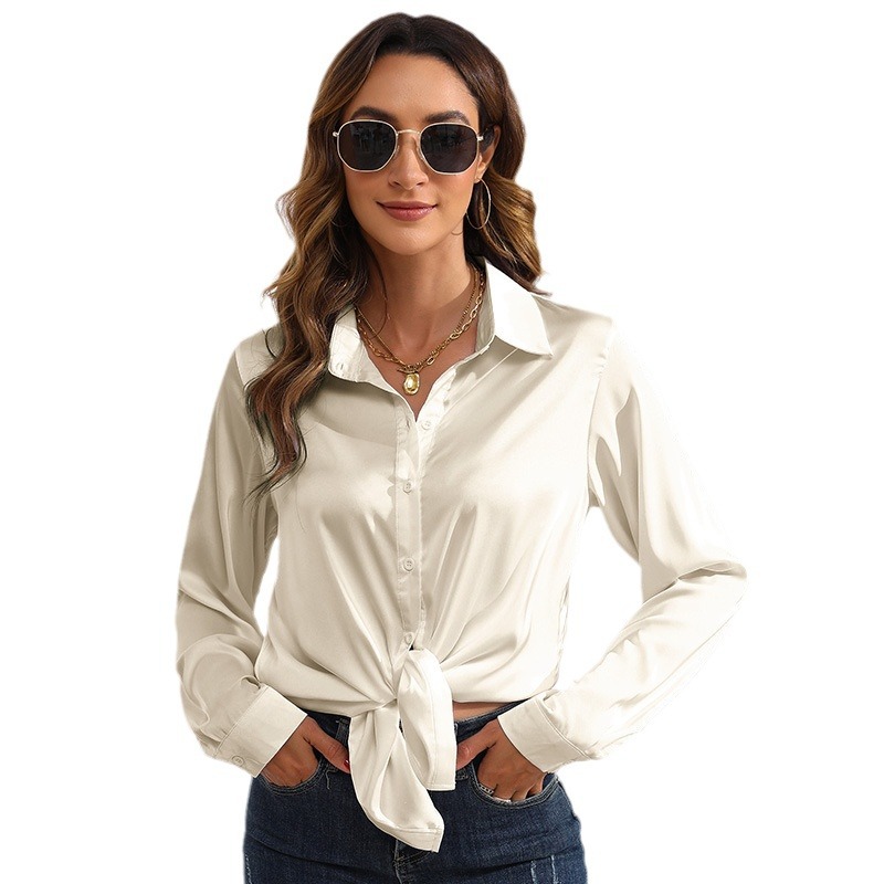 Women's Clothing Tops Blouses Spring Autumn European American Style Women's Clothing Pure Color Satin-Like Long-Sleeved Women's Shirt