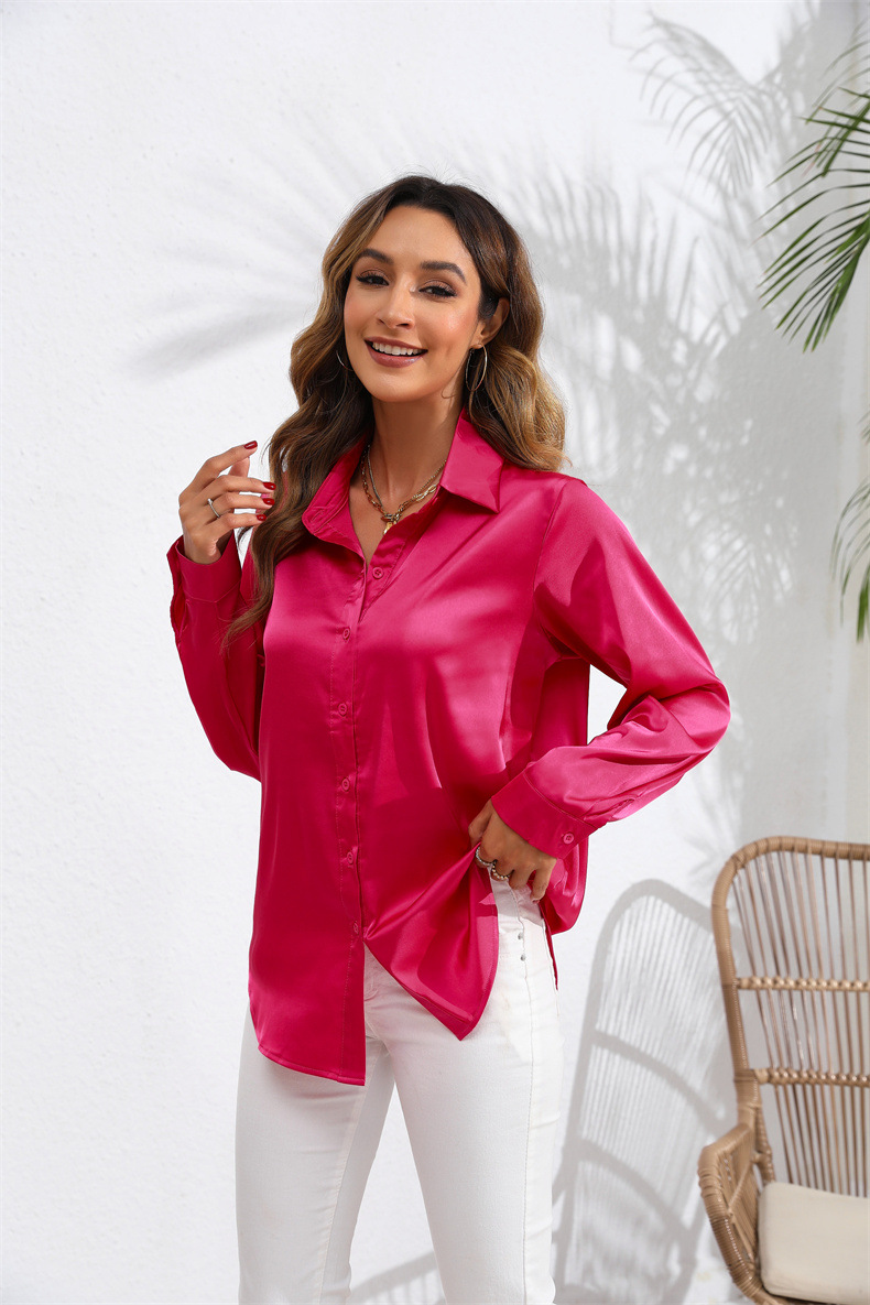 Women's Clothing Tops Blouses Spring Autumn European American Style Women's Clothing Pure Color Satin-Like Long-Sleeved Women's Shirt