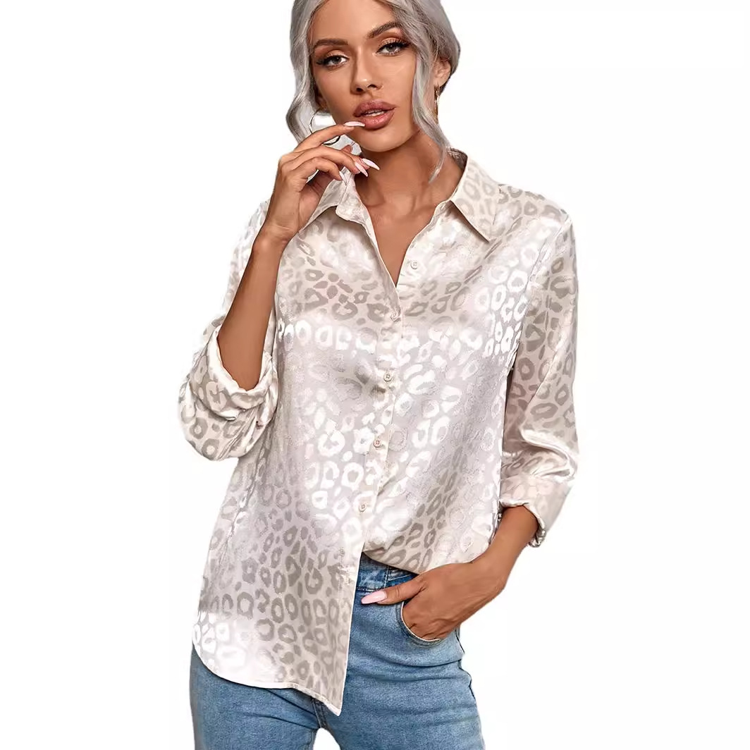 Women's Clothing Tops Blouses Women's Spring Summer New Style Collar Button-Up Leopard Print Jacquard Shirt Elegant Commuting Long-Sleeved Shirt