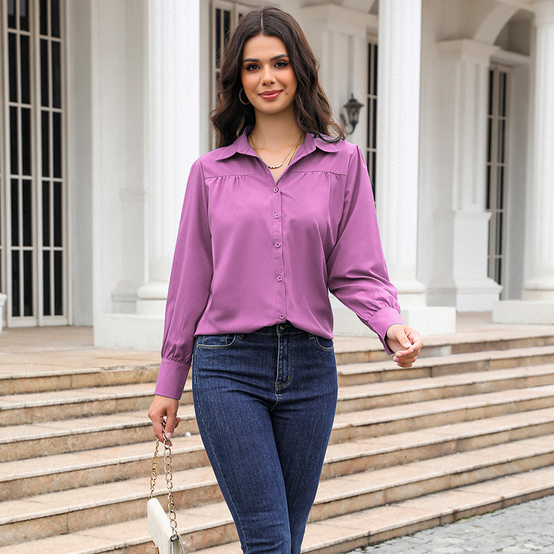 Women's Clothing Tops Blouses Button-Up Top with Lantern Sleeves Pleated Pure Color Stand Collar Loose Long-Sleeved Women's Shirt