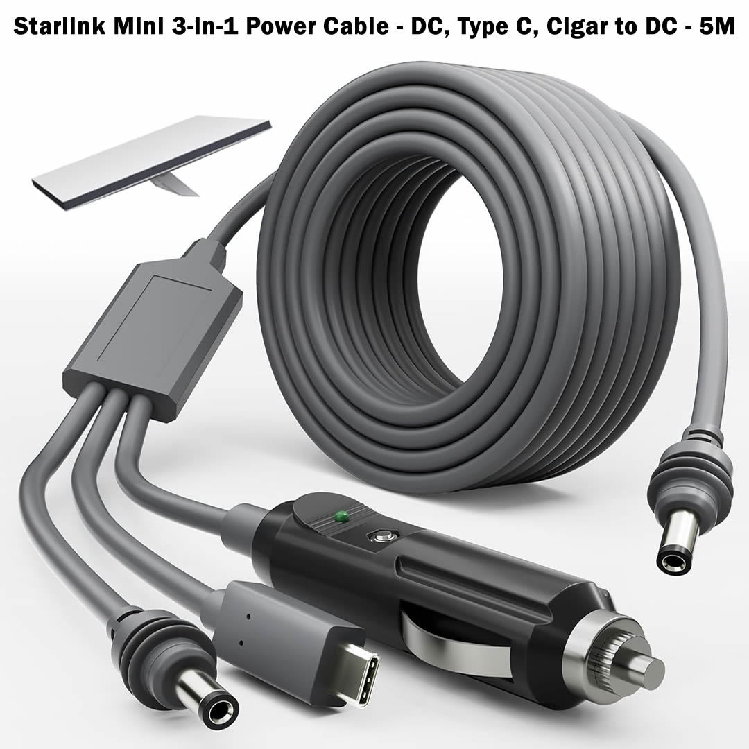 Starlink Mini 3 in 1 DC Power Cable 16.4FT, 100W+ USB C 12-24V Cigarette Lighter Plug and DC Male Power Cable Cord for Starlink Mini, Plug and Play Accessories 5M
