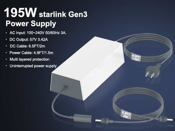 Starlink Gen 3 Power Supply 195W Replacement AC Adapter 57V 3.45A | Replacement Charger for Starlink Gen 3 Standard Kit | 6.5FT DC Cable