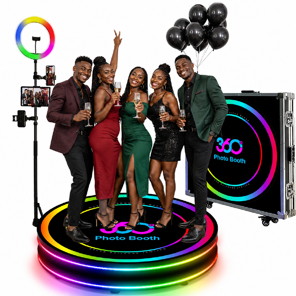 New 360 Photo Booth Videography Machine Platform for Parties with RGB Lights, Software APP Remote Automatic 360° Spin Camera Booth 450KG Load 5-7 People - 115cm Diameter