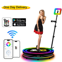 New 360 Photo Booth Videography Machine Platform for Parties with RGB Lights, Software APP Remote Automatic 360° Spin Camera Booth 450KG Load 5-7 People - 115cm Diameter