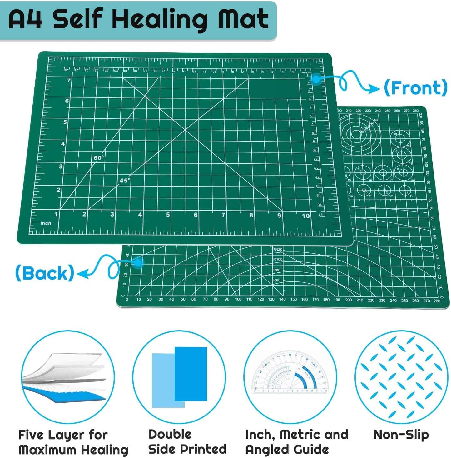 Double Sided Self-Healing Cutting Mat A3/A4 PVC Cutting Board for Sewing, Quilting & Crafting Green With Precision Grid Lines.