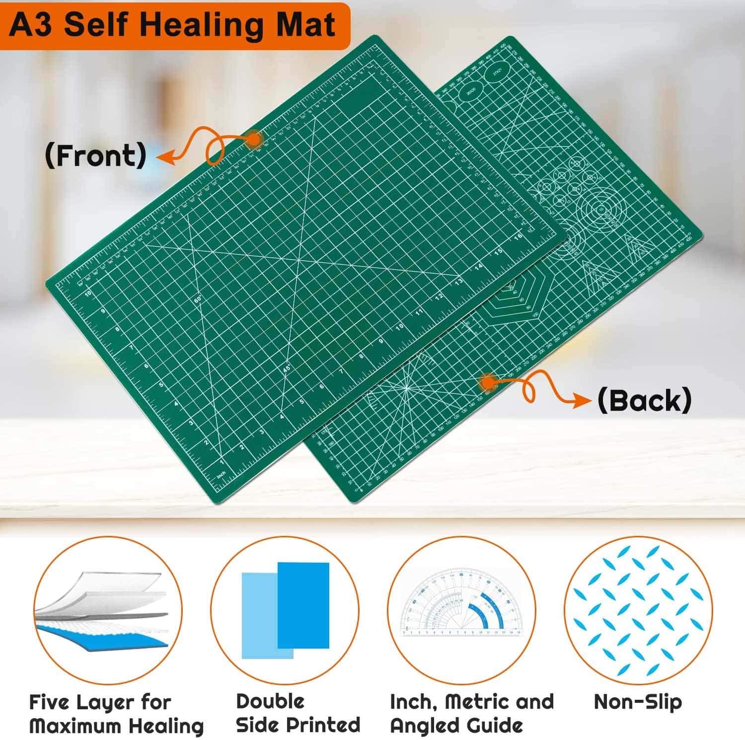 Double Sided Self-Healing Cutting Mat A3/A4 PVC Cutting Board for Sewing, Quilting & Crafting Green With Precision Grid Lines.