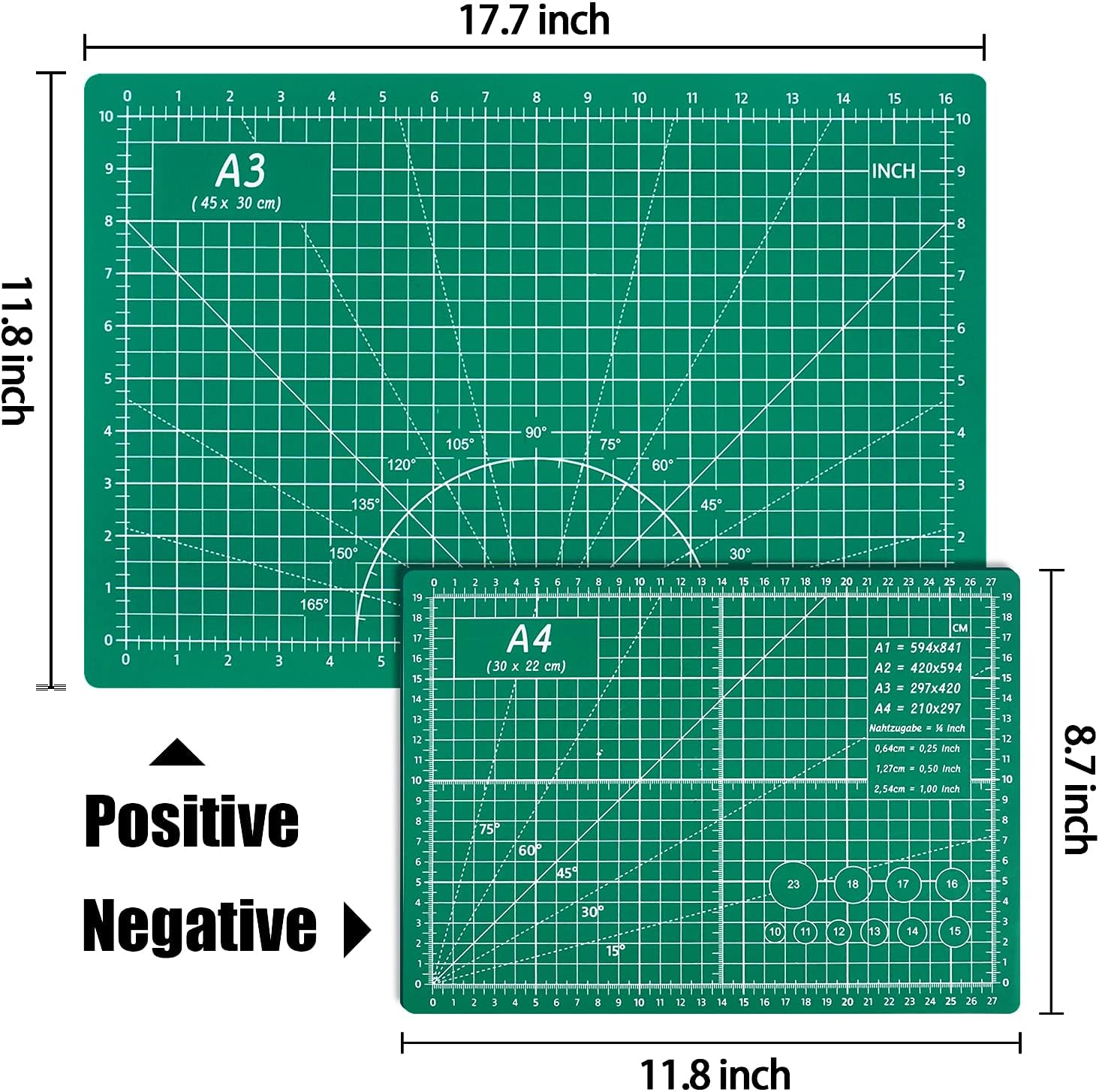 Double Sided Self-Healing Cutting Mat A3/A4 PVC Cutting Board for Sewing, Quilting & Crafting Green With Precision Grid Lines.