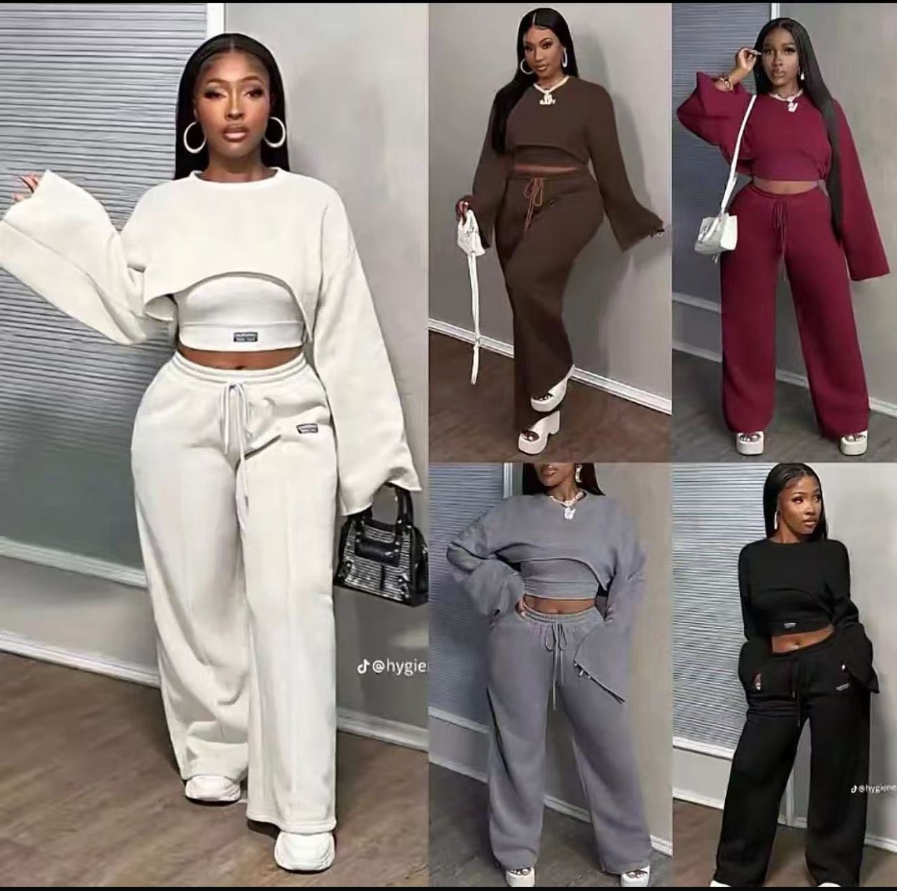 Women casual solid cropsweater, croptop and wide leg sweatpants matching set