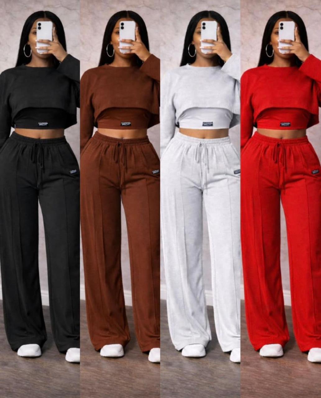Women casual solid cropsweater, croptop and wide leg sweatpants matching set