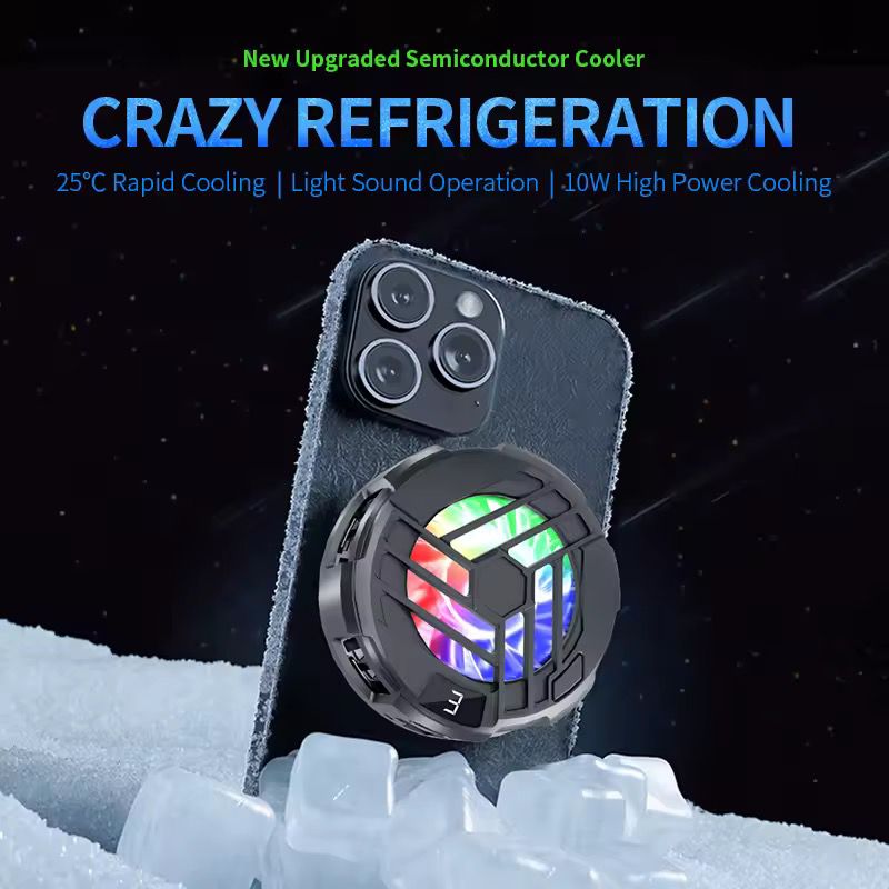 Mobile Phone Cooler Gaming Fan Cooling Pad with Enhanced Refrigeration Chip, Magnetic and clip attach Radiator for Gaming, RGB Lighting, Fast Cooling Black