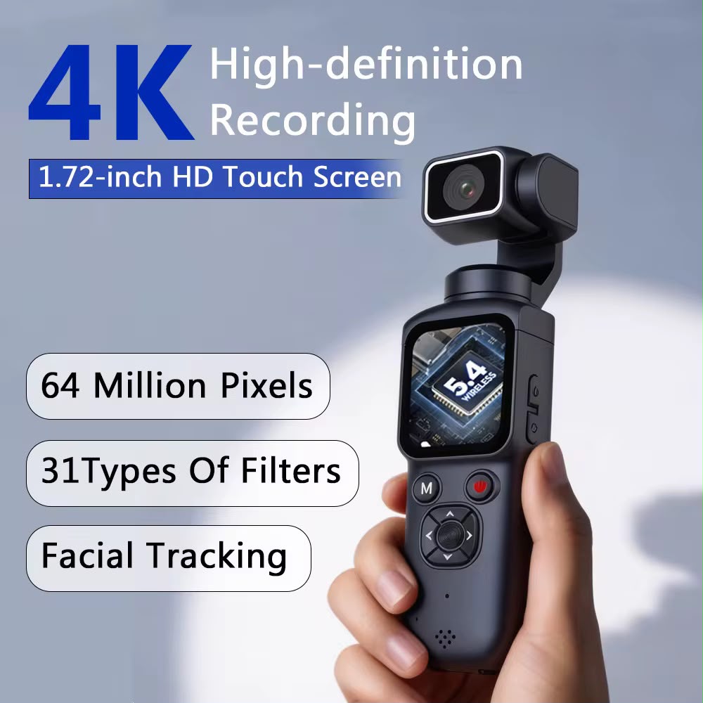 4K Pocket Action Camera Handheld Gimbal Stabilizer 75MP 330° Face Tracking 31 Filters 1.72" Ultra HD Touch Screen Vlog Recorder