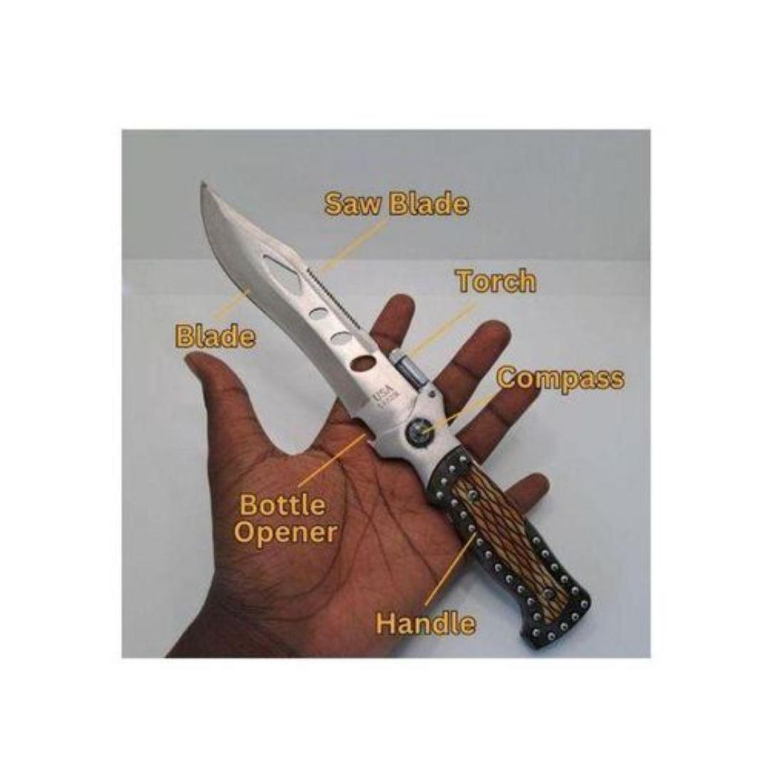 5 IN 1 Tactical knife> Heavy duty steel 30cm with sheath. Multipurpose camping knife blade military knife with a torch
