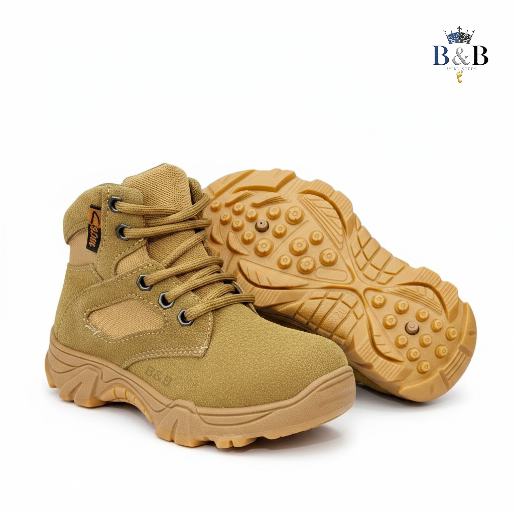 Ultimate Explorer Kids, Rugged Suede And All-Terrain Grip. Durable Desert Tan, Black And Beige sneakers for Active Kids. Breathable, Slip-Resistant Adventure Wear, Rugged Aesthetic for Everyday Cool.