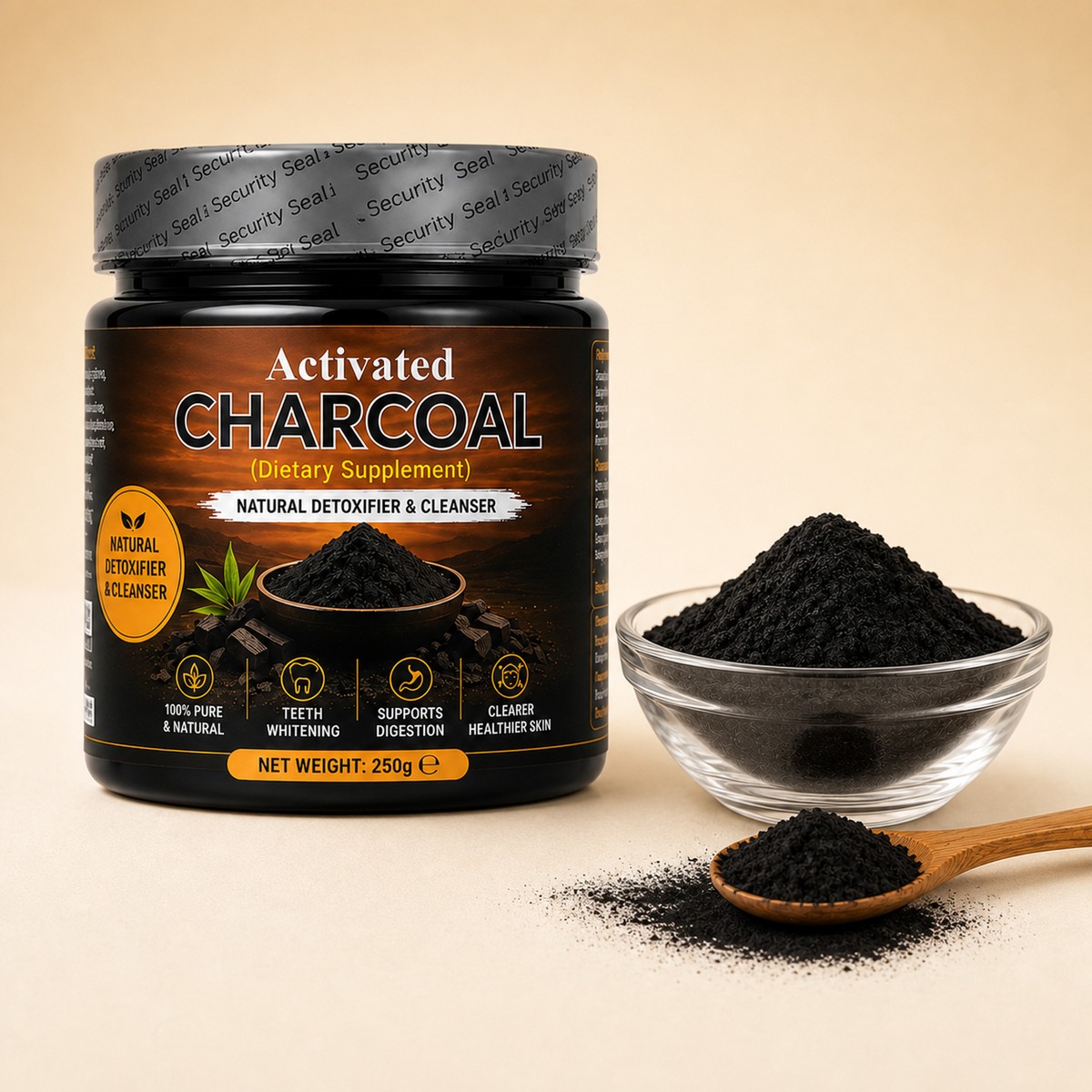 Activated Charcoal Powder 250g – Fine Unscented Tooth Powder in Tamper-Sealed Jar for Oral Care