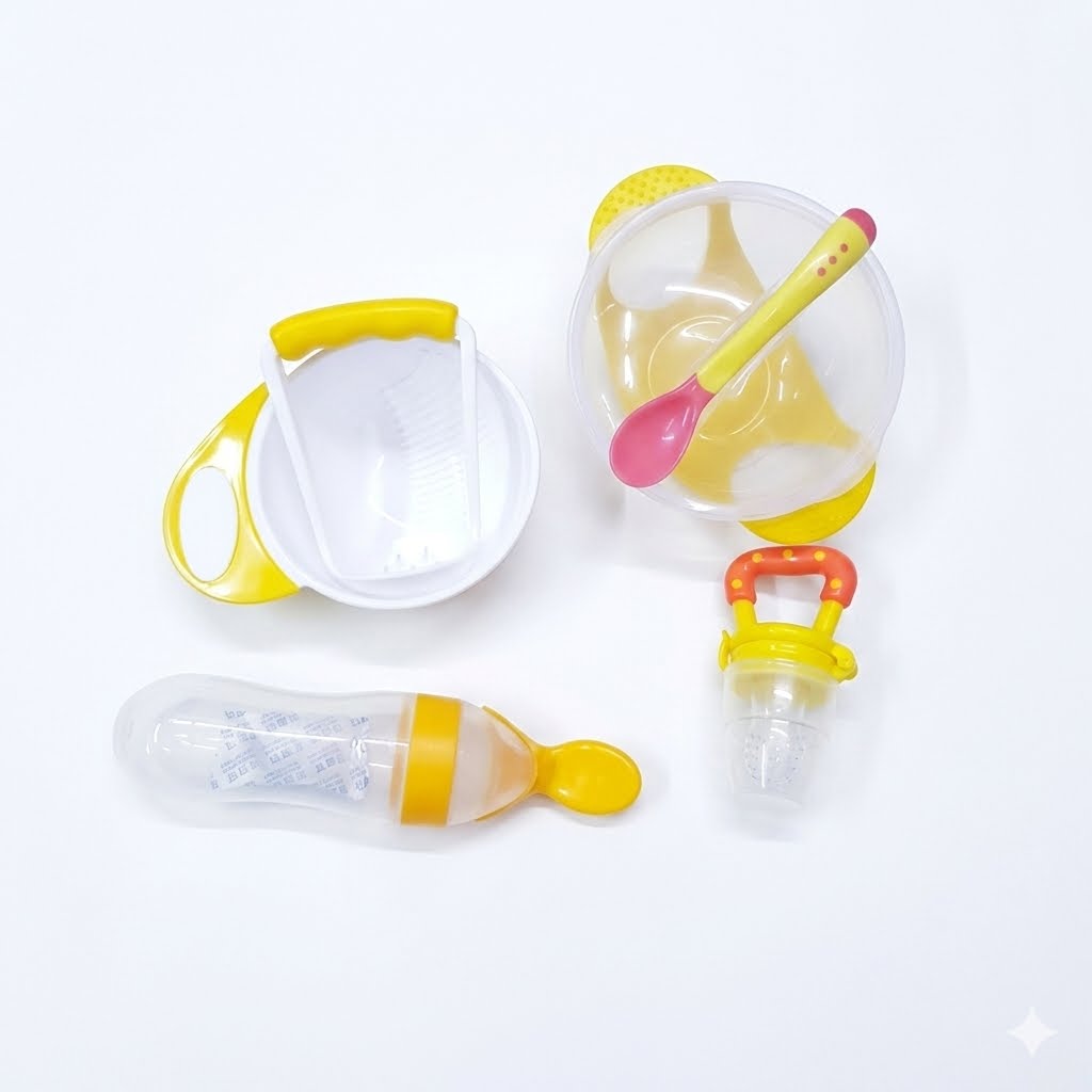 4 pack weaning set masher , fruit pacifier, feeding bowl and squeezer