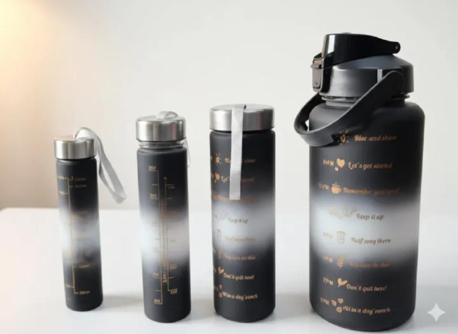 Motivational water Bottle 4 in 1 with time stamps leak proof cup with starw and safety lock adjustable strap Made of food grade plastic botttle and Silicone straw convenient for drinking water