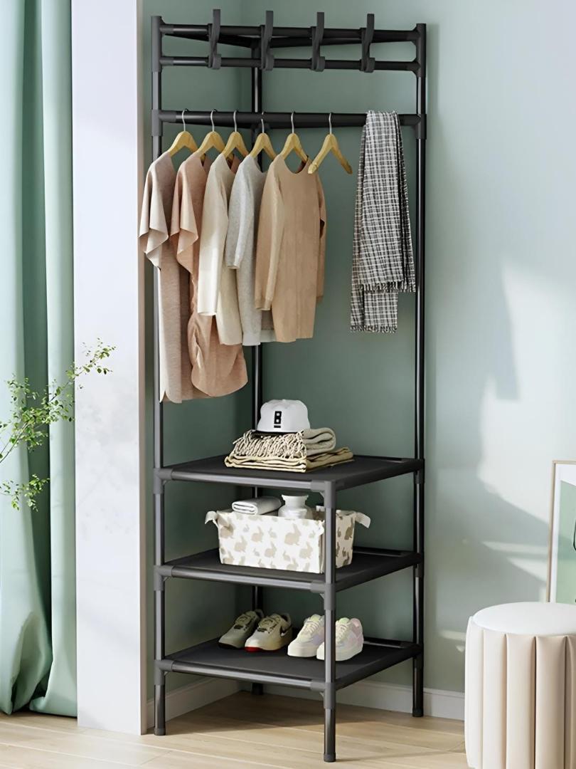 Multifunctional 3-Layer Metallic Corner Coat Hanging Rack L-Shaped Design