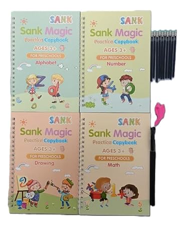 Sank Magic Practice Copybook Set for Kids (4 Books + 1 Pen + 1 Grip +  Refills) Reusable Alphabets, Numbers, Drawing & Writing Books Handwriting Activity Kit for Ages 3–7 Years