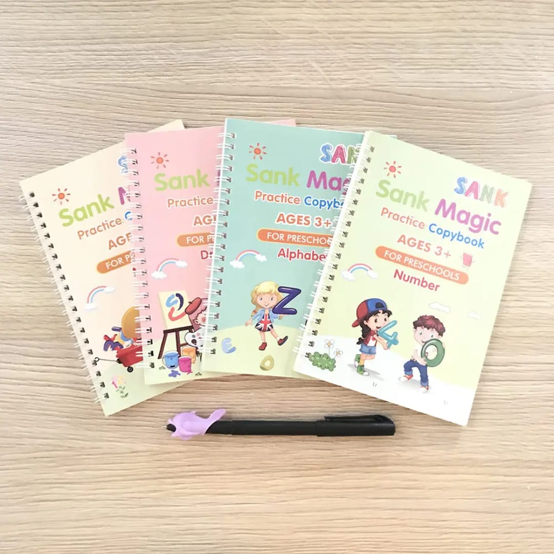 Sank Magic Practice Copybook Set for Kids (4 Books + 1 Pen + 1 Grip +  Refills) Reusable Alphabets, Numbers, Drawing & Writing Books Handwriting Activity Kit for Ages 3–7 Years