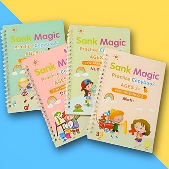 Sank Magic Practice Copybook Set for Kids (4 Books + 1 Pen + 1 Grip +  Refills) Reusable Alphabets, Numbers, Drawing & Writing Books Handwriting Activity Kit for Ages 3–7 Years