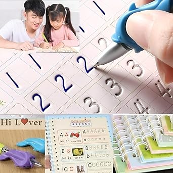 Sank Magic Practice Copybook Set for Kids (4 Books + 1 Pen + 1 Grip +  Refills) Reusable Alphabets, Numbers, Drawing & Writing Books Handwriting Activity Kit for Ages 3–7 Years