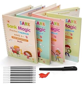 Sank Magic Practice Copybook Set for Kids (4 Books + 1 Pen + 1 Grip +  Refills) Reusable Alphabets, Numbers, Drawing & Writing Books Handwriting Activity Kit for Ages 3–7 Years