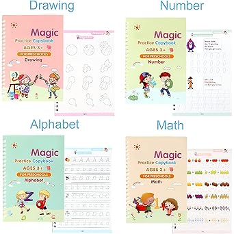 Sank Magic Practice Copybook Set for Kids (4 Books + 1 Pen + 1 Grip +  Refills) Reusable Alphabets, Numbers, Drawing & Writing Books Handwriting Activity Kit for Ages 3–7 Years