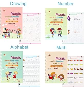 Sank Magic Practice Copybook Set for Kids (4 Books + 1 Pen + 1 Grip +  Refills) Reusable Alphabets, Numbers, Drawing & Writing Books Handwriting Activity Kit for Ages 3–7 Years