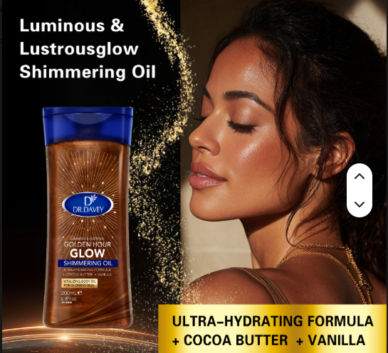 Shimmering Glow Oil DR.DAVEY Golden Hour Glow Shimmering Body Oil is a lightweight, luminous body oil that enhances the skin with subtle shimmer Ultra Hydrating Formula with cocoa butter plus vanilla