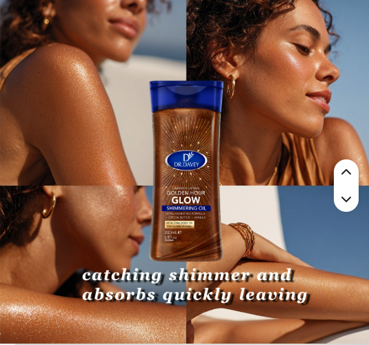 Shimmering Glow Oil DR.DAVEY Golden Hour Glow Shimmering Body Oil is a lightweight, luminous body oil that enhances the skin with subtle shimmer Ultra Hydrating Formula with cocoa butter plus vanilla