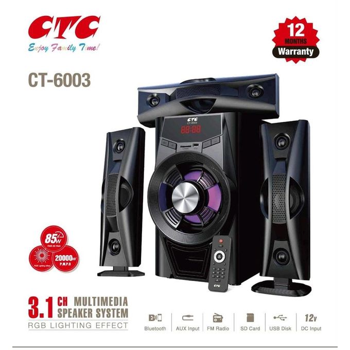 CTC CT-6003 3.1CH Multimedia Bluetooth Speaker System  20000W PMPO | USB | FM | AUX | SD Card | Remote | 12V Power | 12-Month Warranty