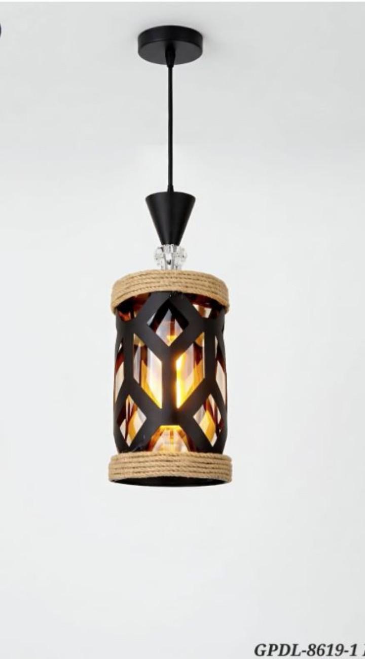 Black Metallic Single One Bulb Pendant Light Chandelier Ceiling Light  With Sisal Rope Accents